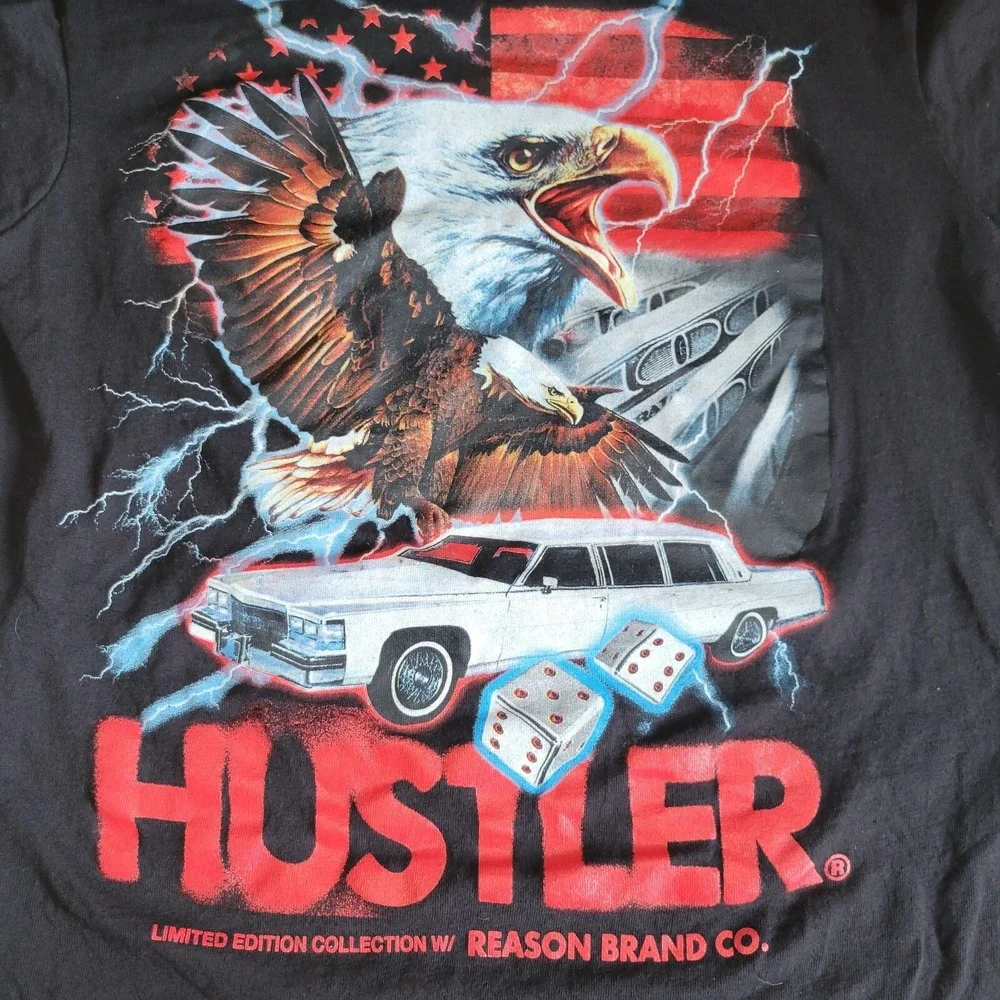 Reason X Hustler Collab Short‎ Sleeve T-Shirt Men's Size Medium Black Eagle Limo